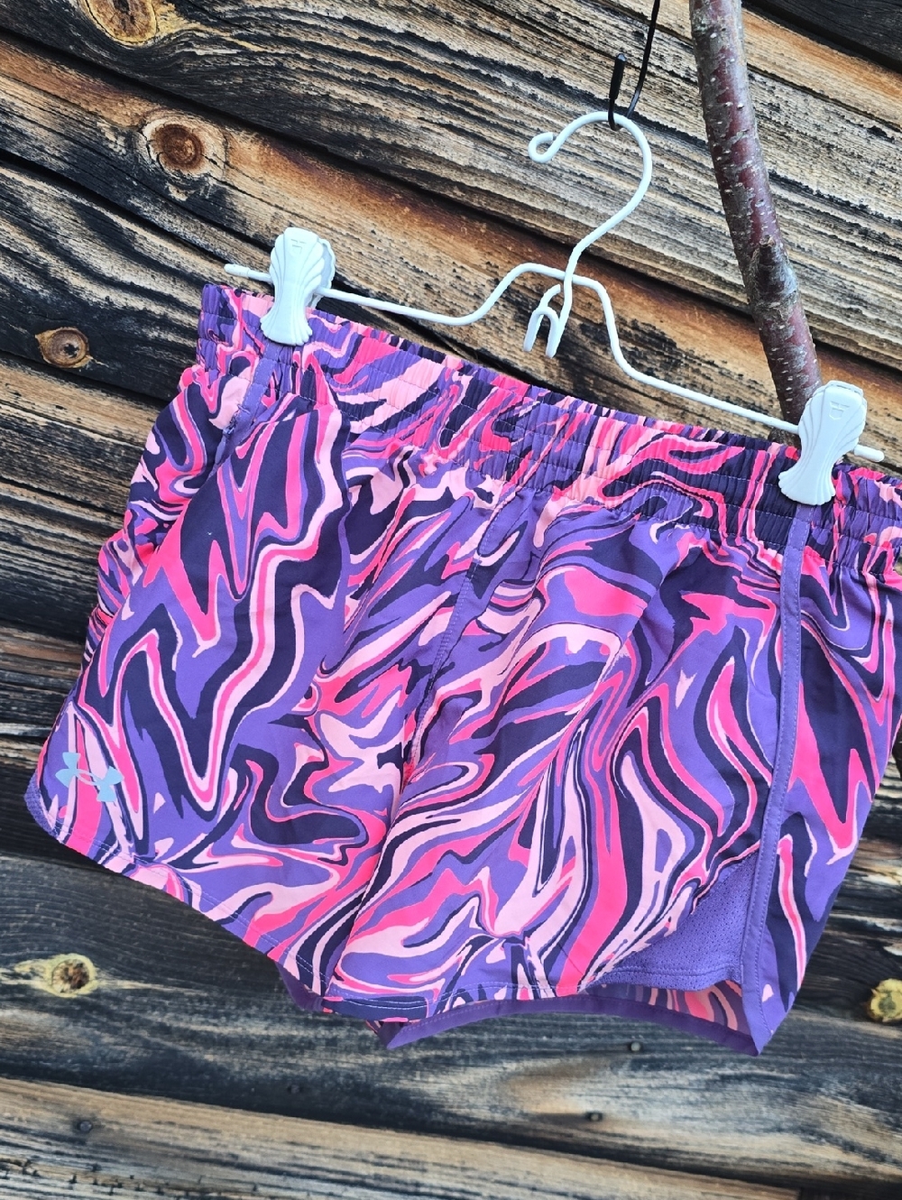 UA Pink Purple Wavy Swirl Lined Running Shorts LooseZip pocket Under Armour S - Picture 1 of 5